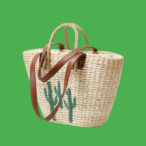 STRAW BAG WITH EMBROIDERED CACTUS