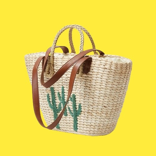 STRAW BAG WITH EMBROIDERED CACTUS