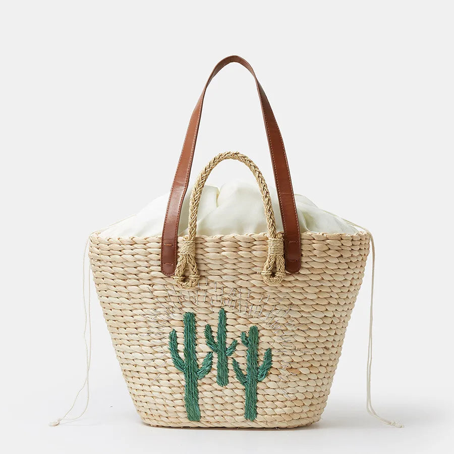 STRAW BAG WITH EMBROIDERED CACTUS
