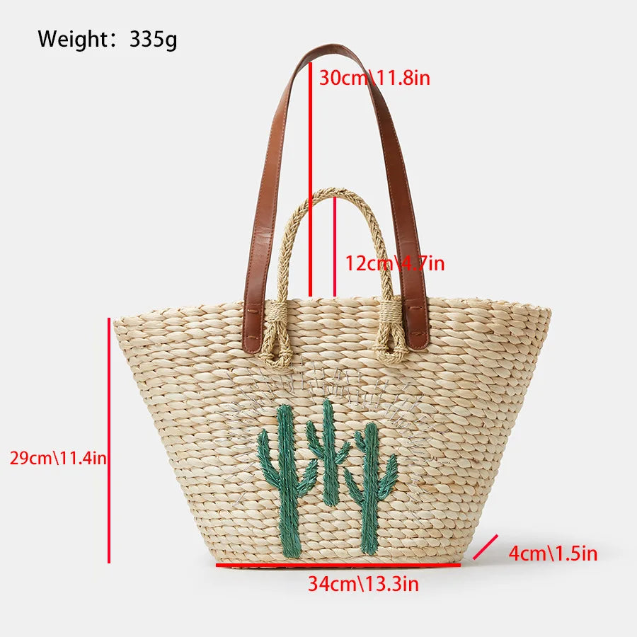 STRAW BAG WITH EMBROIDERED CACTUS