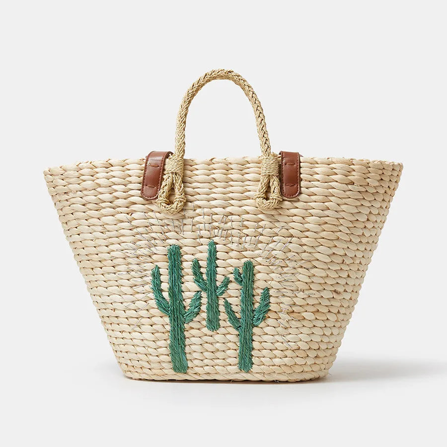 STRAW BAG WITH EMBROIDERED CACTUS
