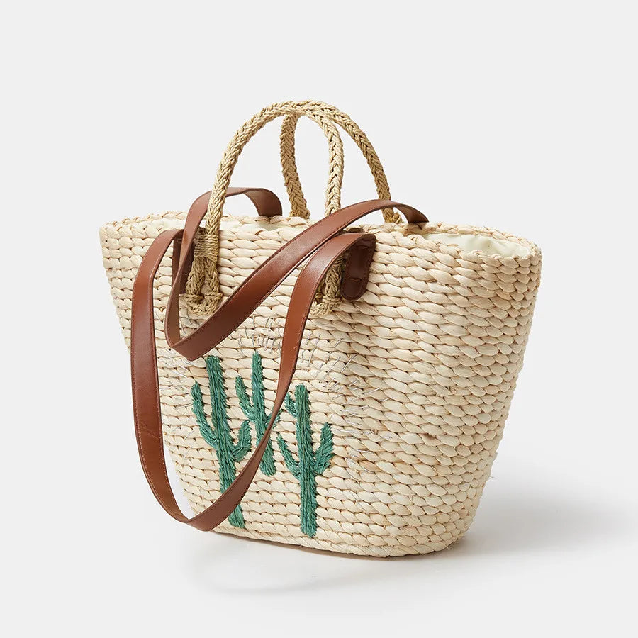 STRAW BAG WITH EMBROIDERED CACTUS